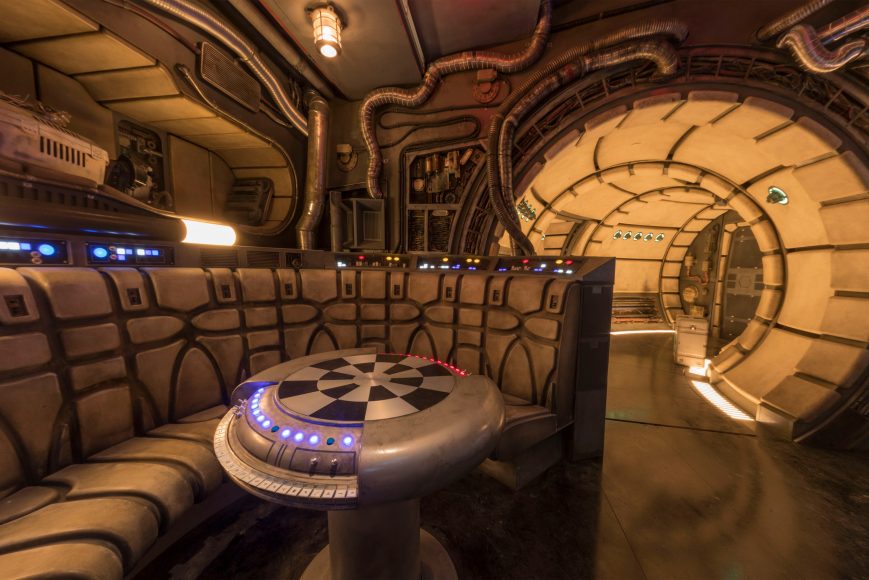 The famous main hold lounge is one of several areas Disney guests will discover inside Millennium Falcon: Smugglers Run before taking the controls in one of three unique and critical roles aboard the fastest ship in the galaxy at Star Wars: GalaxyÕs Edge at Disneyland Park in Anaheim, California, and at Disney's Hollywood Studios in Lake Buena Vista, Florida. (Joshua Sudock/Disney Parks)