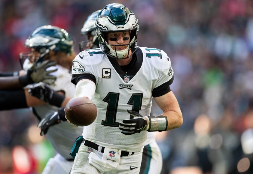 Philadelphia Eagles quarterback Carson Wentz  (11) in action with the ball. Philadelphia Eagles and the Jacksonville Jaguars play in the NFL London Games at Wembley Stadium in London on Sunday, October 28th
photo: Jed Leicester/NFL
