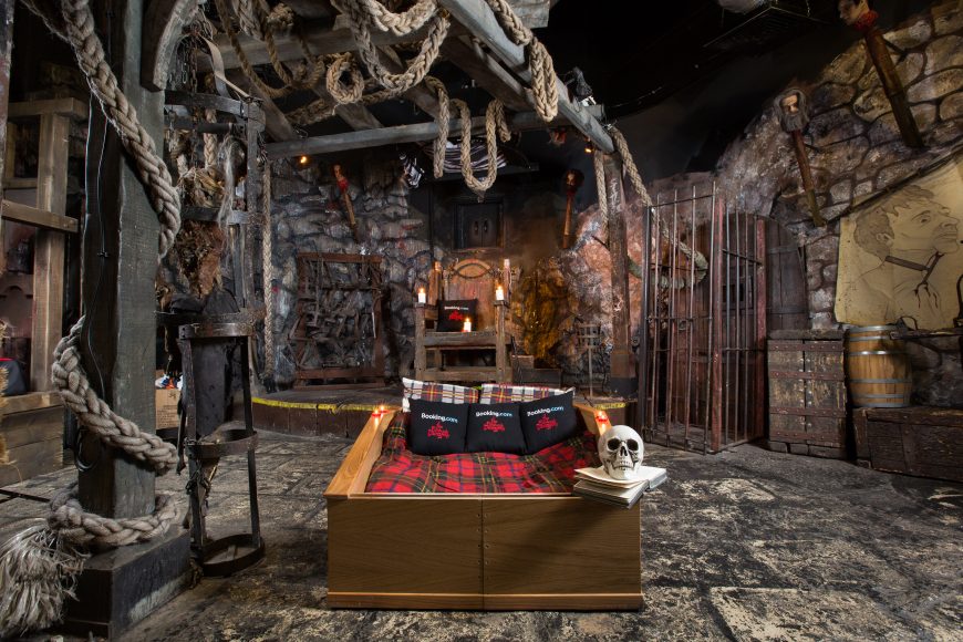 Booking.com are collaborating with the Edinburgh Dungeon to offer a “Sceance Sleepover – conjure the dead before going to bed” for Halloween, whereby guests will be able to book an exclusive coffin overnight stay at the Dungeons on Booking.com. 
 The stay will commence with the last Dungeon tour of the day and includes a Sceance session complete with the Dungeon’s resident Medium and Ouija board, to conjure spooky goings on with the ghostly White Lady. After the festivities have finished, guests will climb into their Coffin bed for the night..Photo credit : Robert Perry/PA Wire