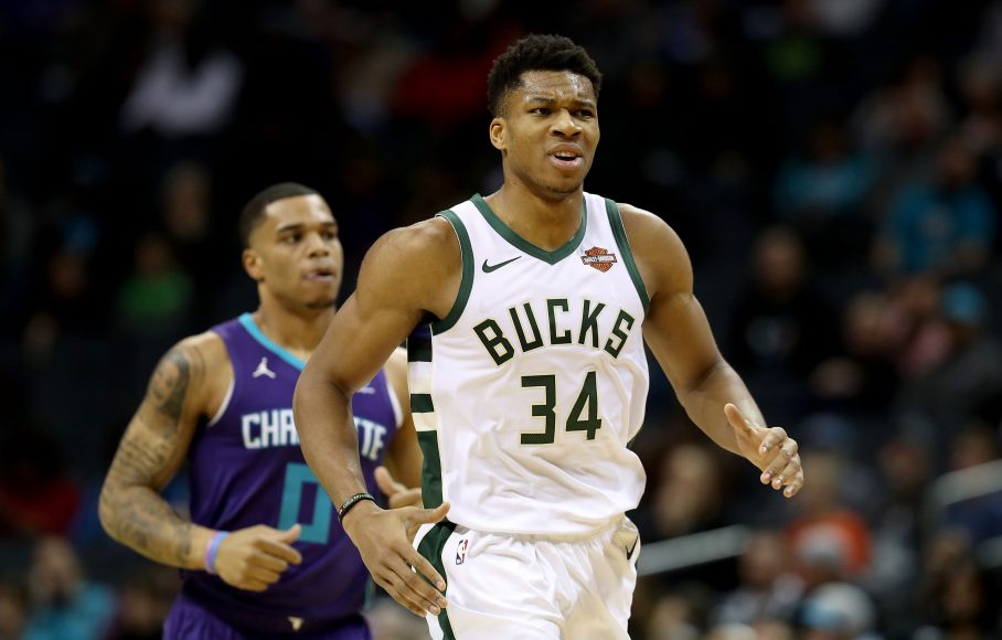 CHARLOTTE, NC - NOVEMBER 26:  Giannis Antetokounmpo #34 of the Milwaukee Bucks reacts after a play against the Charlotte Hornets during their game at Spectrum Center on November 26, 2018 in Charlotte, North Carolina.  (Photo by Streeter Lecka/Getty Images)