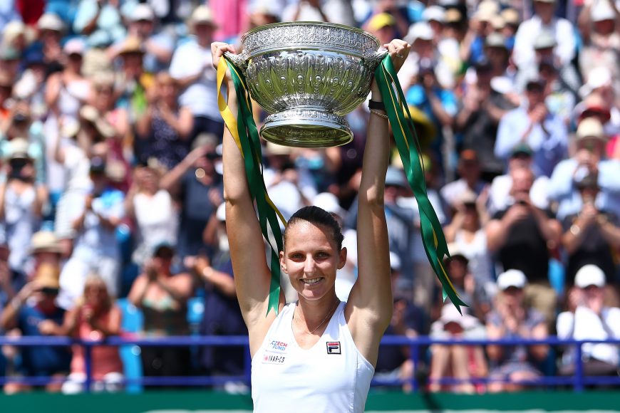 EASTBOURNE, ENGLAND - JUNE 29: Karolina Pliskova of Czech Republic celebrates with the cup after winning the women's singles final against Angelique Kerber of Germany during day six of the Nature Valley International at Devonshire Park on June 29, 2019 in Eastbourne, United Kingdom. (Photo by Charlie Crowhurst/Getty Images for LTA)