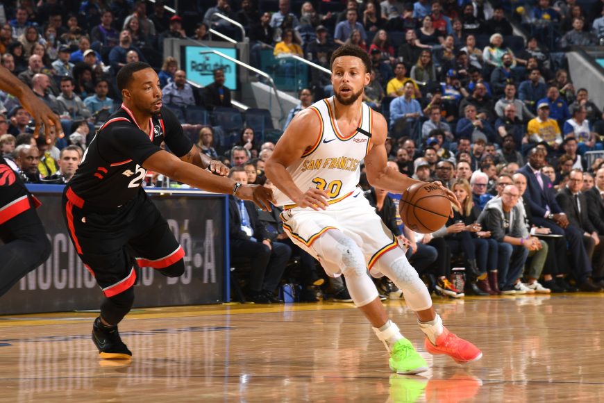 Stephen Curry #30 of the Golden State Warriors drives to the basket against the Toronto Raptors on March 5, 2020 at Chase Center in San Francisco, California. Copyright 2020 NBAE (Photo by Noah Graham/NBAE via Getty Images)