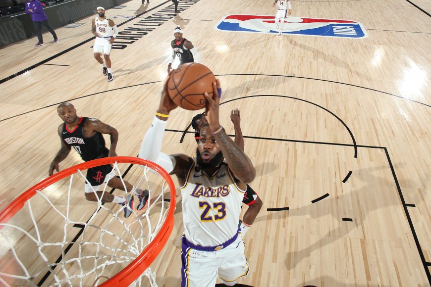 ORLANDO, FL - SEPTEMBER 12: LeBron James #23 of the Los Angeles Lakers shoots the ball against the Houston Rockets during Game Five of the Western Conference SemiFinals of the NBA Playoffs on September 12, 2020 at AdventHealth Arena in Orlando, Florida. Copyright 2020 NBAE (Photo by Nathaniel S. Butler/NBAE via Getty Images)
