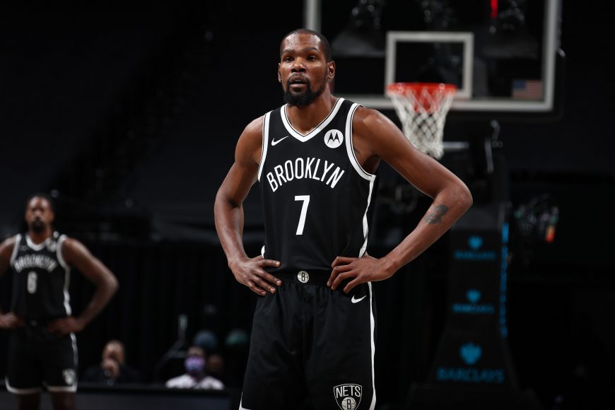 BROOKLYN, NY - JANUARY 23: Kevin Durant #7 of the Brooklyn Nets looks on during the game against the Miami Heat on January 23, 2021 at Barclays Center in Brooklyn, New York. Copyright 2021 NBAE (Photo by Nathaniel S. Butler/NBAE via Getty Images)