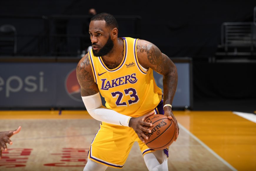 LOS ANGELES, CA - FEBRUARY 10: LeBron James #23 of the Los Angeles Lakers handles the ball during the game against the Oklahoma City Thunder on February 10, 2021 at STAPLES Center in Los Angeles, California. Copyright 2021 NBAE (Photo by Adam Pantozzi/NBAE via Getty Images)