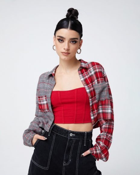 Social Tourist - Crop Spliced Plaid Flannel Shirt (Red Pattern) - Model1