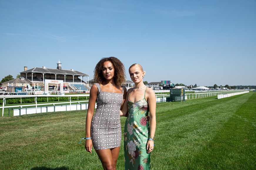 X-Factor winners Halle Williams and Virginia Hampson from Real Like You attended the scorching hot Cazoo St Leger Festival in Doncaster today, where temperatures soared to 29 degrees centigrade.