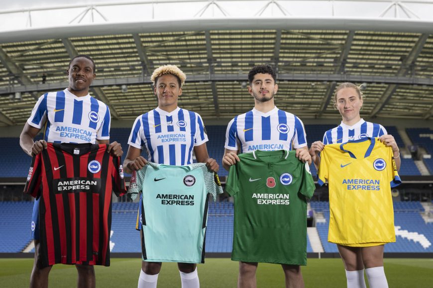 EDITORIAL USE ONLY
(Left to right) Brighton and Hove Albion players, Enock Mwepu, Victoria Williams, Steven Alzate and Maisie Symonds launch the American Express Shirt Buy-Back initiative, which will reward 250 loyal fans who return a shirt from the past ten years with a brand new one from the 2022/23 season, Brighton. Issue date: Monday May 9, 2022. PA Photo. American Express is celebrating 10 seasons of support for Brighton and Hove Albion with this limited-run initiative, which runs from May 23, the day after Albion’s last game of the season against West Ham, until May 29. Vouchers are limited to one per person, and shirts brought in for exchange need to be in wearable condition. Photo credit should read: Matt Alexander/PA Wire