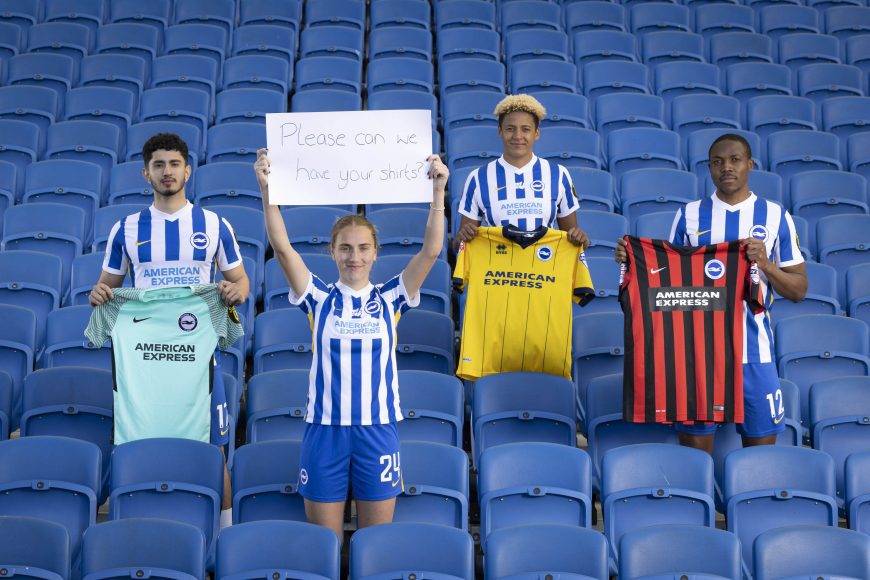 EDITORIAL USE ONLY
(Left to right) Brighton and Hove Albion players, Steven Alzate, Maisie Symonds, Victoria Williams and Enock Mwepu launch the American Express Shirt Buy-Back initiative, which will reward 250 loyal fans who return a shirt from the past ten years with a brand new one from the 2022/23 season, Brighton. Issue date: Monday May 9, 2022. PA Photo. American Express is celebrating 10 seasons of support for Brighton and Hove Albion with this limited-run initiative, which runs from May 23, the day after Albion’s last game of the season against West Ham, until May 29. Vouchers are limited to one per person, and shirts brought in for exchange need to be in wearable condition. Photo credit should read: Matt Alexander/PA Wire