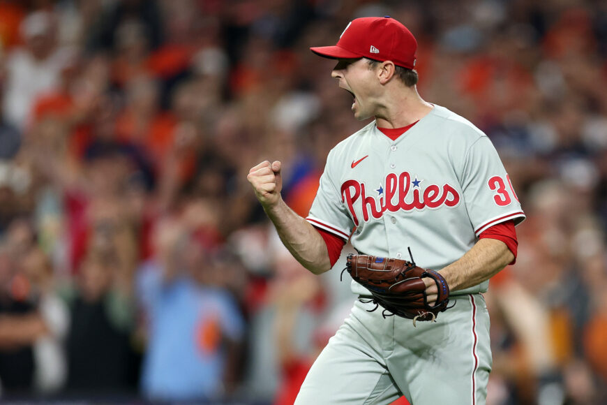 HOUSTON, TEXAS - OCTOBER 28: David Robertson #30 of the Philadelphia Phillies celebrates after beating the Houston Astros 6-5 in 10 innings in Game One of the 2022 World Series at Minute Maid Park on October 28, 2022 in Houston, Texas. (Photo by Sean M. Haffey/Getty Images)