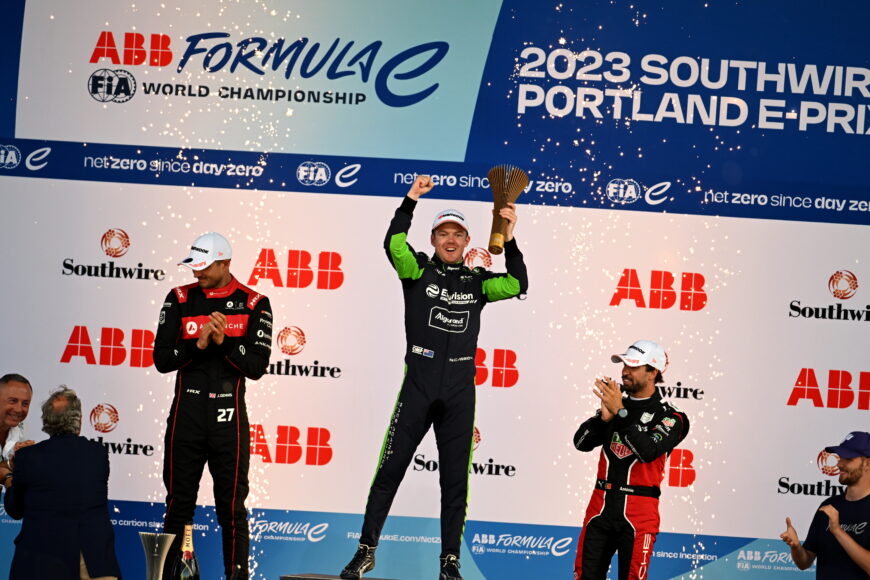 PORTLAND INTERNATIONAL RACEWAY, UNITED STATES OF AMERICA - JUNE 24: Nick Cassidy, Envision Racing
, 1st position,
Jake Dennis, Avalanche Andretti Formula E
, 2nd position,
Antonio Felix da Costa, TAG Heuer Porsche Formula E Team
, 3rd position,
Podium during the Portland  at Portland International Raceway on Saturday June 24, 2023 in Portland, United States of America. (Photo by Simon Galloway / LAT Images)