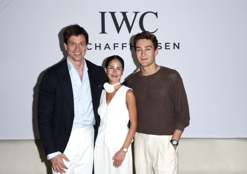 MIAMI, FLORIDA - MAY 01: (L-R) Toto Wolff, Carmen Montero Mundt, and George Russell attend an exclusive IWC Schaffhausen event ahead of the Miami GP on May 01, 2025 in Miami, Florida. (Photo by John Parra/Getty Images for IWC Schaffhausen)