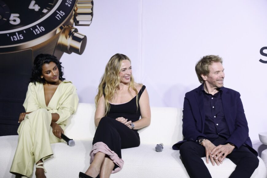 MIAMI, FLORIDA - MAY 01: (L-R) Simone Ashley, Kerry Condon, and Jerry Bruckheimer attend an exclusive IWC Schaffhausen event ahead of the Miami GP on May 01, 2025 in Miami, Florida. (Photo by John Parra/Getty Images for IWC Schaffhausen)