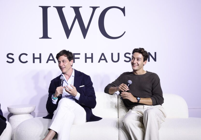 MIAMI, FLORIDA - MAY 01: (L-R) Toto Wolff and George Russell attend an exclusive IWC Schaffhausen event ahead of the Miami GP on May 01, 2025 in Miami, Florida. (Photo by John Parra/Getty Images for IWC Schaffhausen)