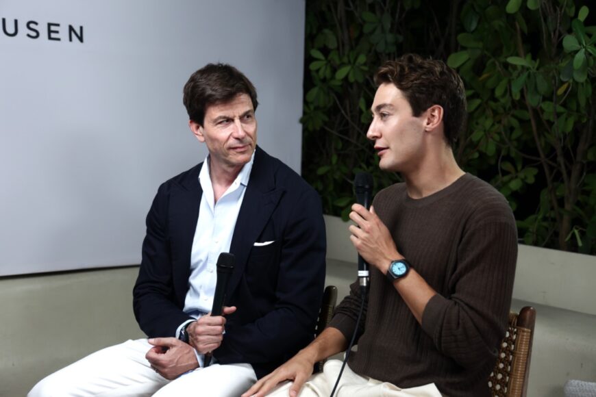 MIAMI, FLORIDA - MAY 01: (L-R) Toto Wolff and George Russell attend an exclusive IWC Schaffhausen event ahead of the Miami GP on May 01, 2025 in Miami, Florida. (Photo by John Parra/Getty Images for IWC Schaffhausen)