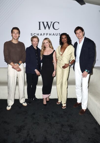 MIAMI, FLORIDA - MAY 01: (L-R) George Russell, Jerry Bruckheimer, Kerry Condon, Simone Ashley and Toto Wolff attend an exclusive IWC Schaffhausen event ahead of the Miami GP on May 01, 2025 in Miami, Florida. (Photo by John Parra/Getty Images for IWC Schaffhausen)