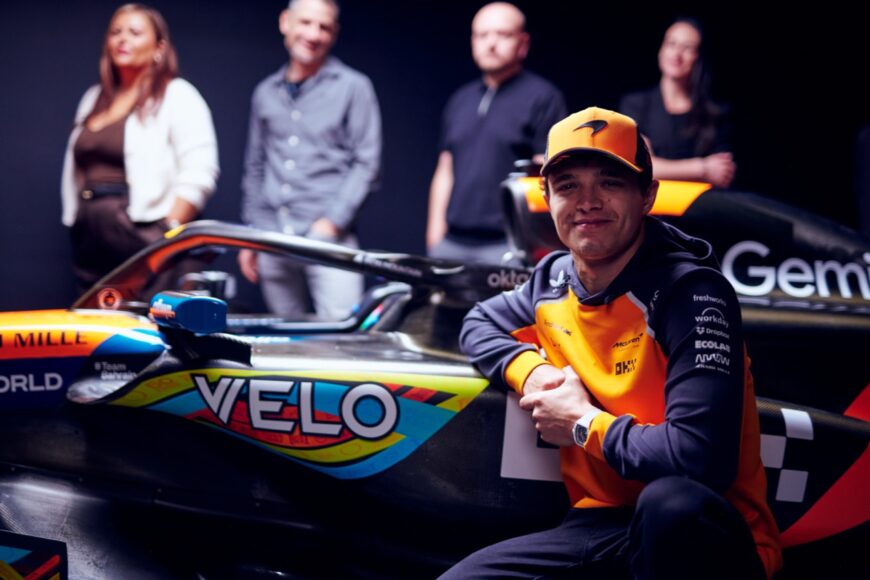 McLaren Formula 1® Team driver Lando Norris and the McLaren superfans with the ‘Live Your Fandom’ fan-designed livery ahead of its reveal at the Abu Dhabi Grand Prix weekend.