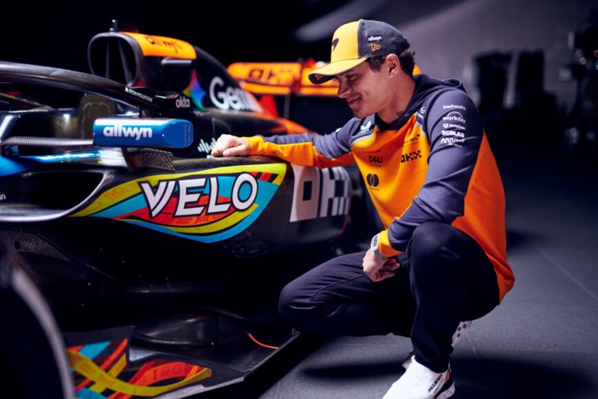 McLaren Formula 1® Team driver Lando Norris takes a closer look at the VELO and McLaren Formula 1 ® Team’s fan-inspired livery design on the MCL39. The livery features a series of bespoke icons, each representing a cherished fan memory or a symbol of the McLaren Formula 1 ® Team’s successes and community spirit.
