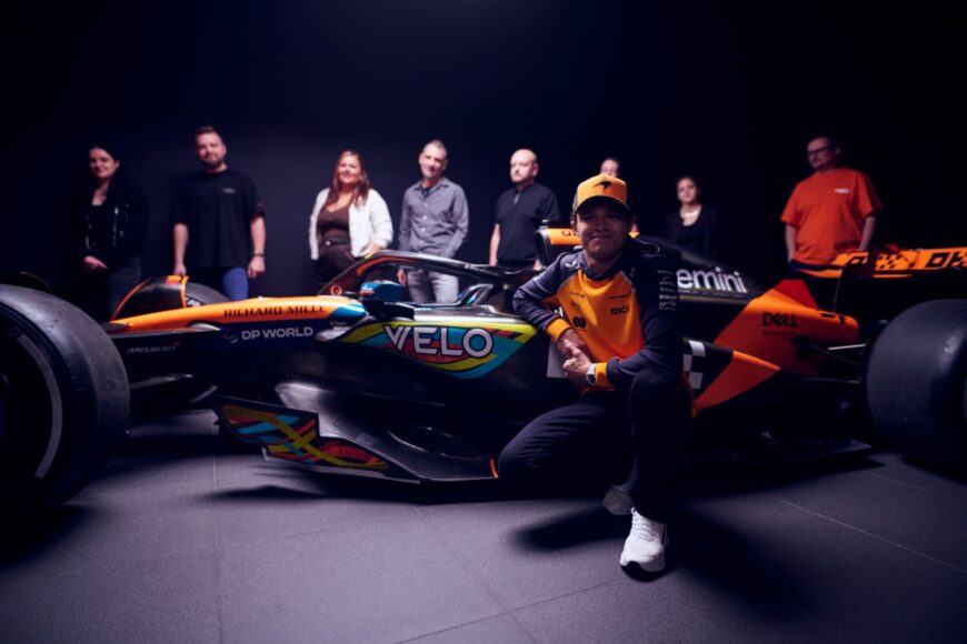 McLaren Formula 1® Team driver Lando Norris and the nine McLaren superfans with the co-created ‘Live your Fandom’ livery inspired by their most defining McLaren moments.