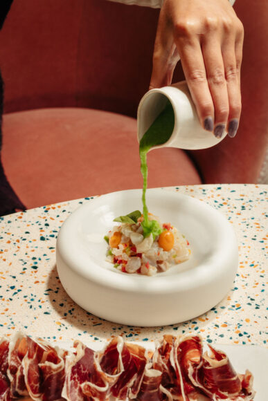 Seabass ceviche, green gazpacho, citrus mango gel