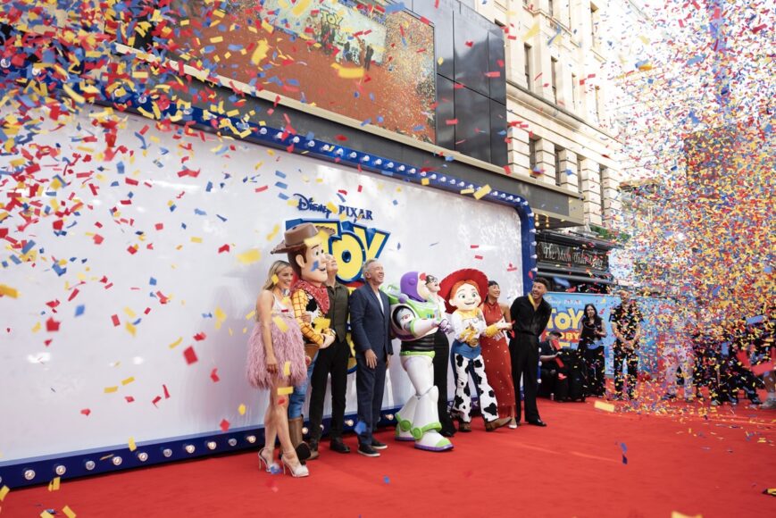 (L to R) Sian Welby, Tom Hanks, Tim Allen, Joan Cusack, Greta Lee and Jordan North attend the UK Launch Event of Disney and Pixar's 'Toy Story 5' at Odeon Luxe Leicester Square, London on May 28th, 2026. (Photo by StillMoving.Net for The Walt Disney Company Limited)
