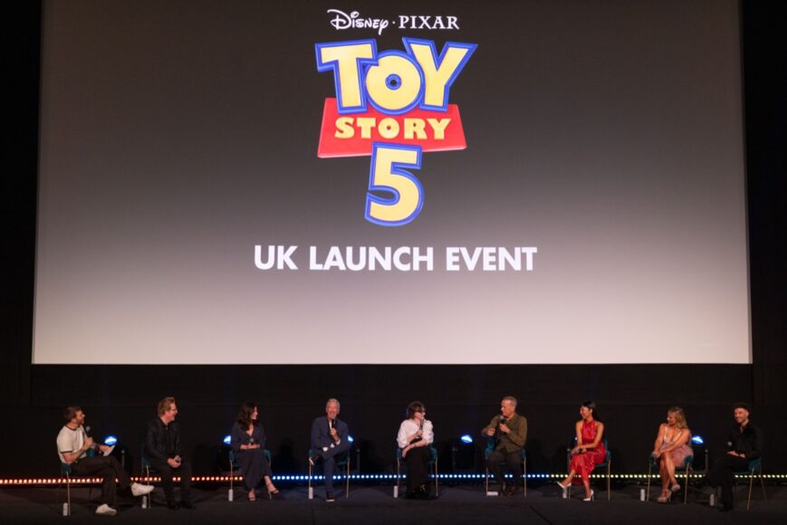 (L to R) Joel Dommett, Andrew Stanton, Lindsey Collins, Tim Allen, Joan Cusack, Tom Hanks, Greta Lee, Sian Welby and Jordan North attend the UK Launch Event of Disney and Pixar's 'Toy Story 5' at Odeon Luxe Leicester Square, London on May 28th, 2026. (Photo by StillMoving.Net for The Walt Disney Company Limited)